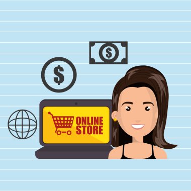 bir dizüstü bilgisayar ve alışveriş şeyler yanında karikatür kadın