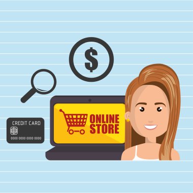 bir dizüstü bilgisayar ve alışveriş şeyler yanında karikatür kadın