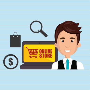 bir dizüstü bilgisayar ve shoppig şeyler ile karikatür iş adamı