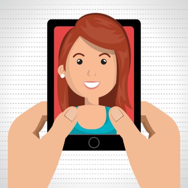 karikatür eller bir karikatür kadın ile bir akıllı telefon tutarak