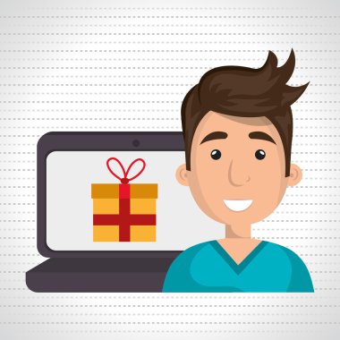 bir dizüstü bilgisayar ve creen büyük bir colured hediye yanında karikatür adam