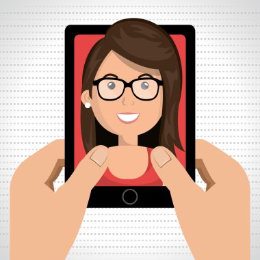 karikatür eller bir karikatür kadın ile bir akıllı telefon tutarak