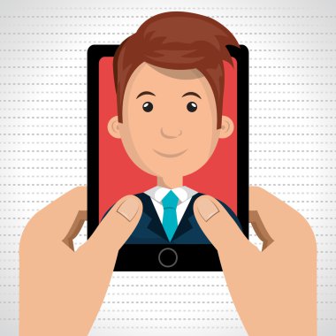 scree bir karikatür adam ile akıllı telefon tutan karikatür eller