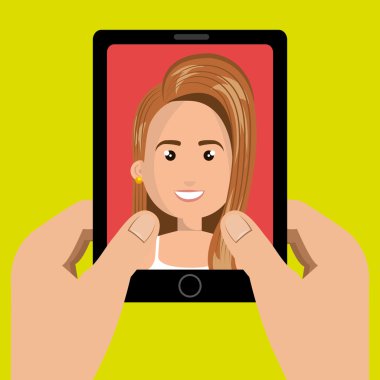 t bir karikatür kadın ile siyah akıllı telefon tutan karikatür eller