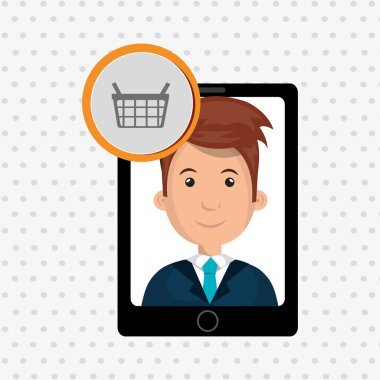 ekranda bir karikatür iş adamı ile siyah akıllı telefon ve bir