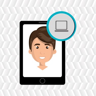 içinde bir karikatür adam ve yukarıda bir dizüstü bilgisayar ile siyah akıllı telefon