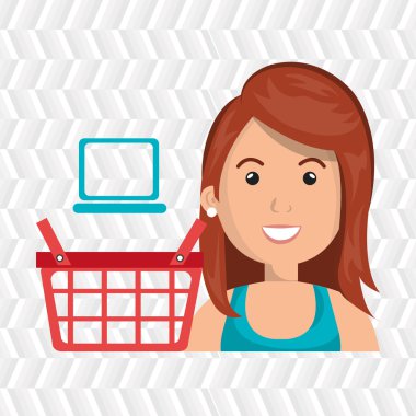 kırmızı bir alışveriş sepeti ve mavi la yanında karikatür zencefil kadın