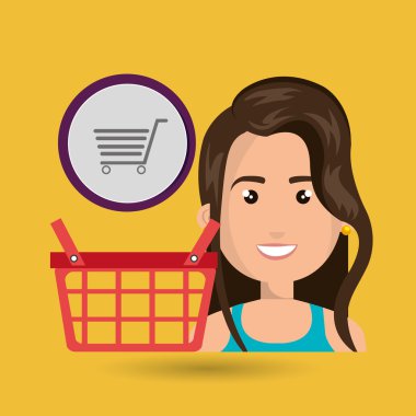 bir alışveriş sepeti ve bir alışveriş sepeti abov yanında karikatür kadın