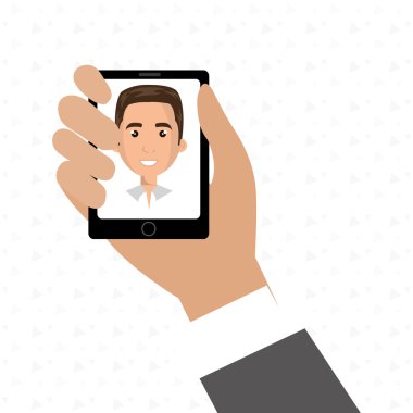 bir cartoo ile siyah akıllı telefon tutan karikatür iş adamı el