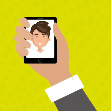 bir cartoo ile siyah akıllı telefon tutan karikatür iş adamı el