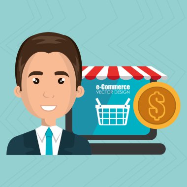 kırmızı beyaz çadırlı bir dizüstü bilgisayarın yanında çizgi film iş adamı