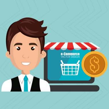 kırmızı beyaz çadırlı bir dizüstü bilgisayarın yanında çizgi film iş adamı