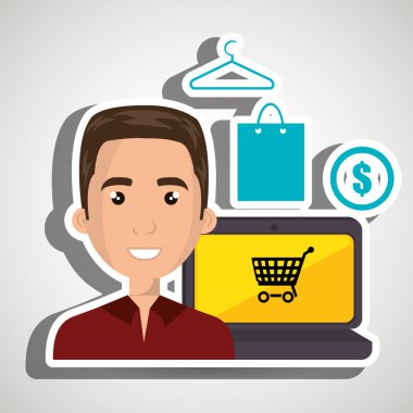 bir dizüstü bilgisayar ve alışveriş şeyler ile karikatür adam