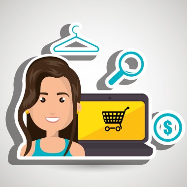 bir dizüstü bilgisayar ve alışveriş şeyler yanında karikatür kadın