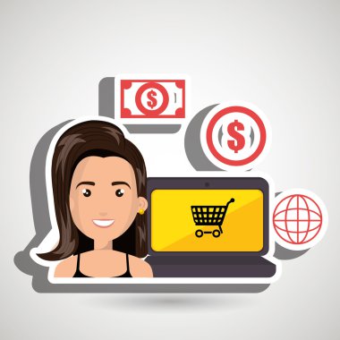bir dizüstü bilgisayar ve alışveriş şeyler yanında karikatür kadın