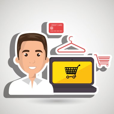 bir dizüstü bilgisayar ve alışveriş şeyler ile karikatür adam