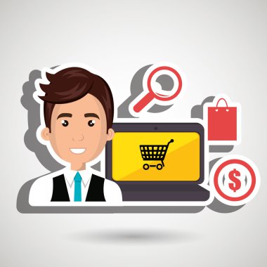 bir dizüstü bilgisayar ve shoppig şeyler ile karikatür iş adamı