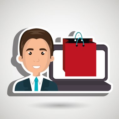 bir dizüstü bilgisayar ve shoppin yanında bir takım elbise giyen karikatür iş adamı