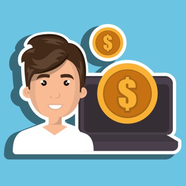 bir dizüstü bilgisayar ve büyük bir altın sikke yanında karikatür adam