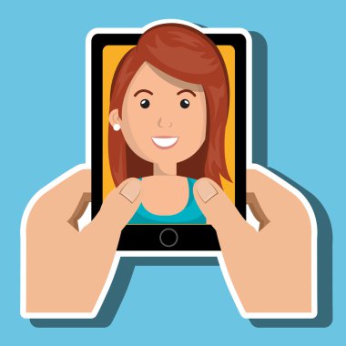 karikatür eller bir karikatür kadın ile bir akıllı telefon tutarak