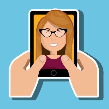 karikatür eller bir karikatür kadın ile bir akıllı telefon tutarak