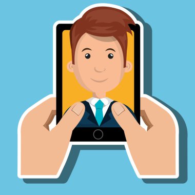 scree bir karikatür adam ile akıllı telefon tutan karikatür eller