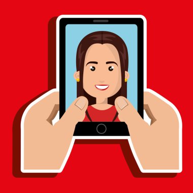 t bir karikatür kadın ile siyah akıllı telefon tutan karikatür eller