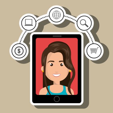 ekranda bir karikatür kadın ve semboller ile siyah akıllı telefon