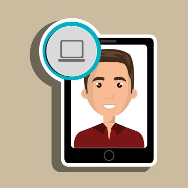 ekranda bir karikatür adam ve bir dizüstü bilgisayar ile siyah akıllı telefon bir