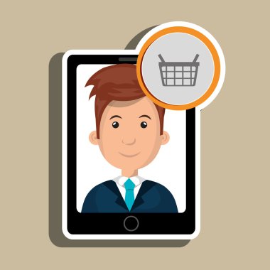 ekranda bir karikatür iş adamı ile siyah akıllı telefon ve bir