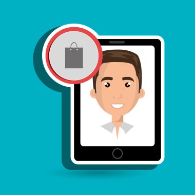 ekranda bir karikatür adam ve alışveriş ile siyah akıllı telefon