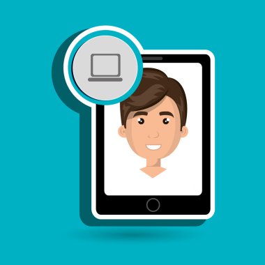 içinde bir karikatür adam ve yukarıda bir dizüstü bilgisayar ile siyah akıllı telefon