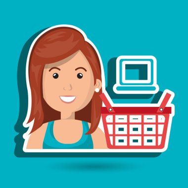 kırmızı bir alışveriş sepeti ve mavi la yanında karikatür zencefil kadın