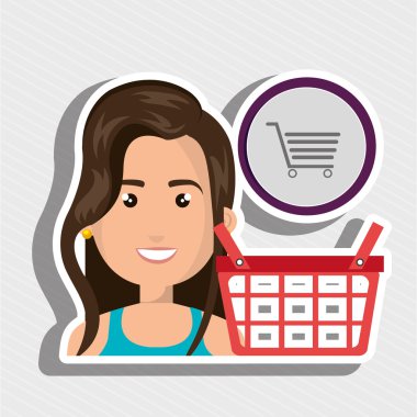 bir alışveriş sepeti ve bir alışveriş sepeti abov yanında karikatür kadın