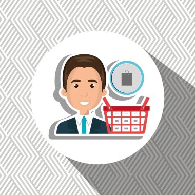 bir alışveriş sepeti yanında takım elbise giyen karikatür iş adamı ve