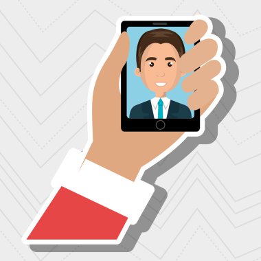 bir cartoo ile siyah akıllı telefon tutan karikatür iş adamı el