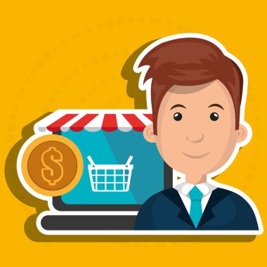 kırmızı beyaz çadırlı bir dizüstü bilgisayarın yanında çizgi film iş adamı