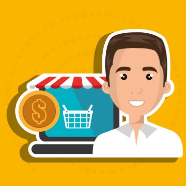 kırmızı beyaz çadırlı bir dizüstü bilgisayarın yanında çizgi film iş adamı