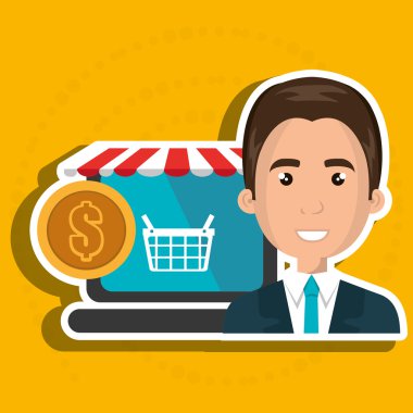 kırmızı beyaz çadırlı bir dizüstü bilgisayarın yanında çizgi film iş adamı