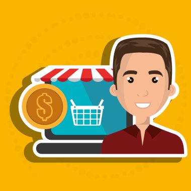 kırmızı beyaz çadırlı bir dizüstü bilgisayarın yanında çizgi film iş adamı