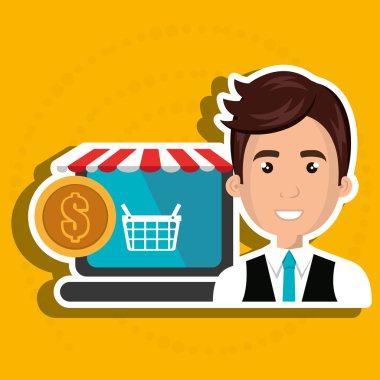 kırmızı beyaz çadırlı bir dizüstü bilgisayarın yanında çizgi film iş adamı