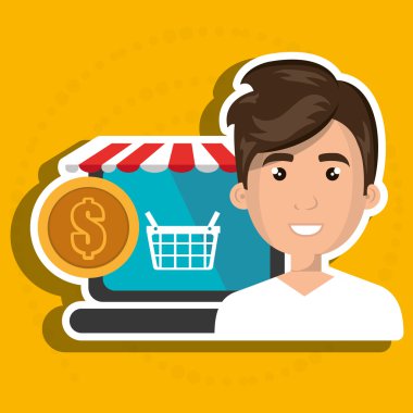 kırmızı beyaz çadırlı bir dizüstü bilgisayarın yanında çizgi film iş adamı