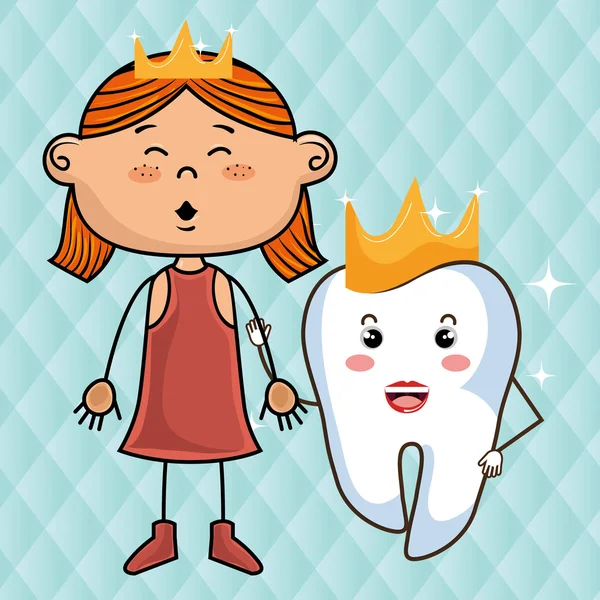 karikatür kız ve diş mavi bir arka plan üzerinde bir taç wering