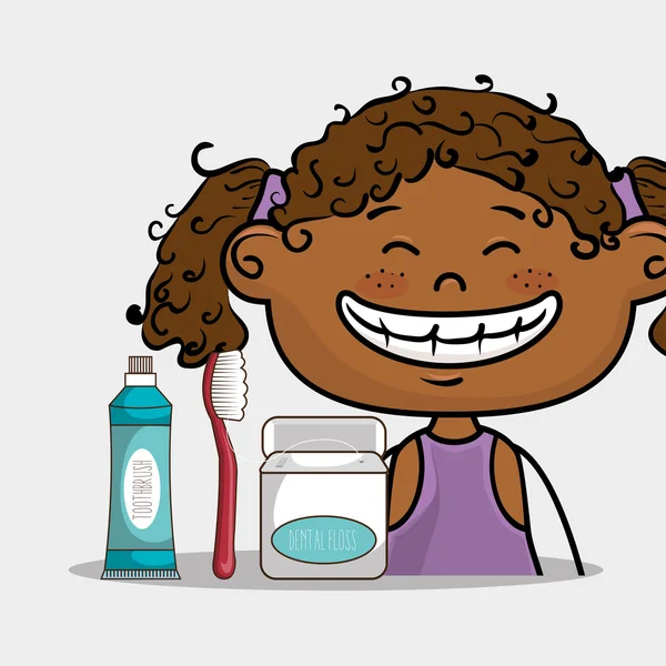 歯科治療を持つ笑顔の漫画の女の子は、ベクトルイラストレーターを実装します — ストックベクタ