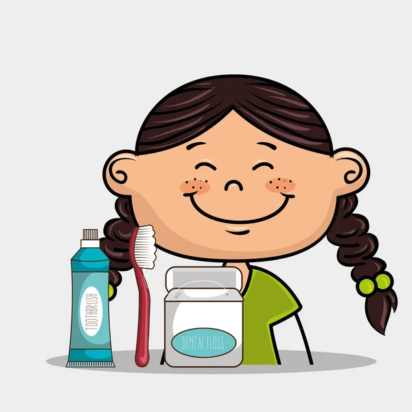 Caricatura sonriente chica con cuidado dental implementa vector illustra — Vector de stock
