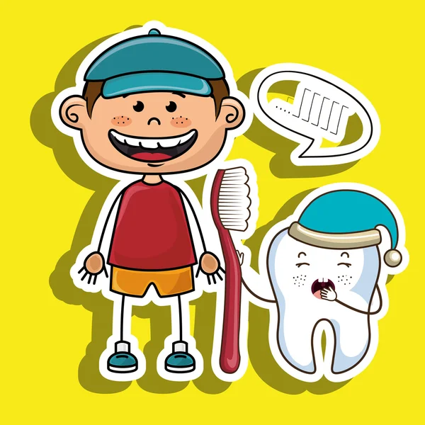 Улыбающийся мультяшный ребенок с зубной щеткой и сонным зубом — стоковый вектор
