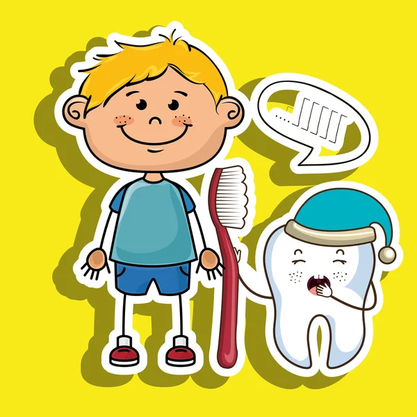 Niño de dibujos animados sonriente con un cepillo de dientes y un diente somnoliento — Vector de stock