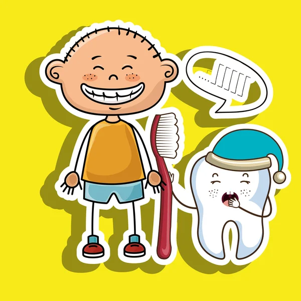 Smiling cartoon child with a toothbrush and a sleepy tooth — Stock Vector