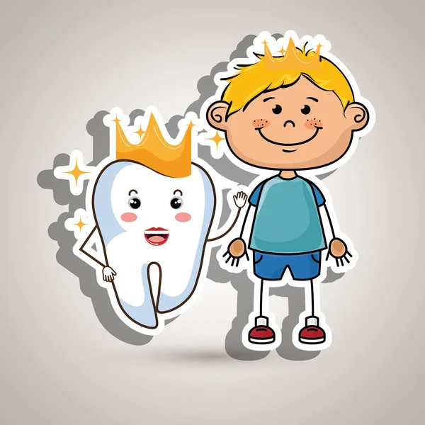 Αγόρι καρτούν και δόντι με κορώνες πάνω από ένα μπλε φόντο — Διανυσματικό Αρχείο