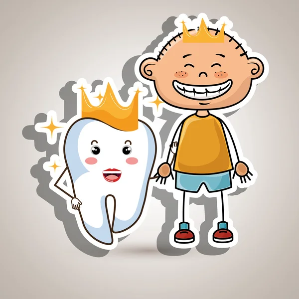 Мультяшный мальчик и зуб с коронами на синем фоне — стоковый вектор